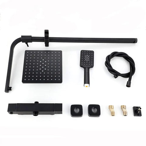 UMJIGF Black Thermostatic Shower System with Cold and Hot Water Shower Combo Set parts including overhead and handheld shower heads.