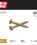 Top Shelf Number Eight X 1-1/4 T25 Star Drive Construction Wood Screws showing yellow zinc plating and T25 drive.