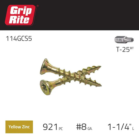Top Shelf Number Eight X 1-1/4 T25 Star Drive Construction Wood Screws showing yellow zinc plating and T25 drive.