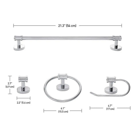 Freya All In One 5 Piece Bathroom Set With Chrome Vanity Light And Frosted Glass Shades showing towel bar, ring, hook, holder dimensions