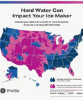 Map showing areas affected by hard water and recommended descaling frequency for ice makers.