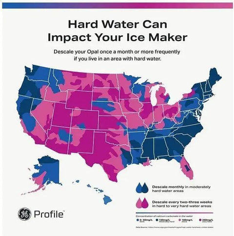 Map showing areas affected by hard water and recommended descaling frequency for ice makers.
