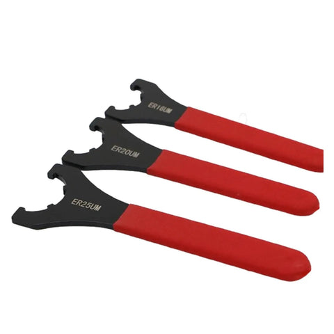 Heavy Duty ER Spanner Wrench For Collet Chuck Holder Spindle Nut Fits ER16 To ER50 Precision Tool Grip, set of three with red handles.