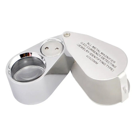 40X 25mm All Metal Jeweler Loupe With LED And UV Light For Currency Detection And Jewelry Inspection, Tough Pro Grade Handheld Magnifier With Push On Off Switch, Ideal For Counterfeit Checks, Coins, Gems, And Crafting