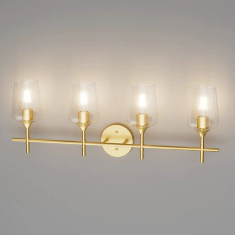Dope Four Lights Gold Vanity Light Fixture Vintage Gold Wall Lighting with Clear Glass Over Mirror for Bathroom E26