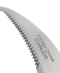 Close-up of serrated blade on Berry Knife And Weeding Sickle, stainless steel blade with engraved text "K206B3 CHINA STAINLESS".