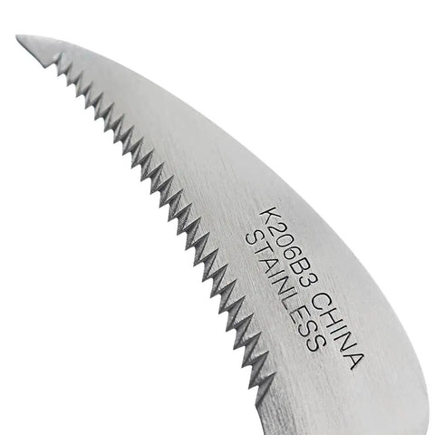Close-up of serrated blade on Berry Knife And Weeding Sickle, stainless steel blade with engraved text "K206B3 CHINA STAINLESS".
