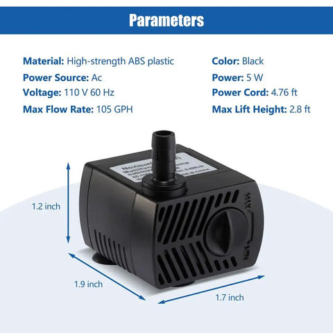 Ultra Quiet 5W Submersible Water Pump, 105 GPH, shown with dimensions and black ABS material