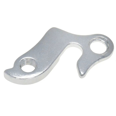 Universal Bicycle Derailleur Hanger Replacement silver tone alloy part with two holes for frame attachment