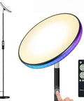 UFO Floor Lamp 71 Inch Tall With Remote 42W 3700LM RGB LED Torchiere, showing light head, remote, and pole button