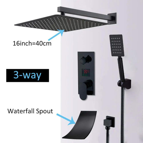 UMJIGF Led Digital Display Shower System Wall Mounted Concealed Shower Faucet Set Multifunction Matte Black with 16-inch shower head.