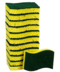 Stack of green and yellow kitchen scrub sponges with a scouring pad