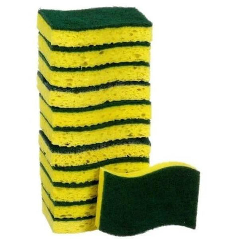 Stack of green and yellow kitchen scrub sponges with a scouring pad