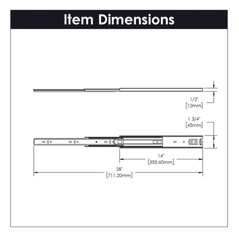 Diagram of Beefy Heavy Duty Steel Drawer Slide Three Section Full Extension Self Close Side Mount Ball Bearing Cadmium Finish 100 Lb Capacity