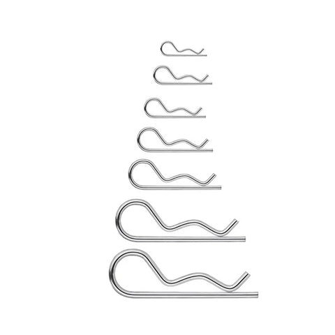 R Clips Cotter Pins Kit 100Pcs Assorted 6 Sizes Carbon Steel Hitch Pin Clips for threaded connections displayed in size order