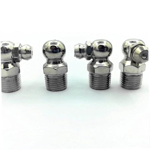 Close-up of grease zerk fittings from the One Stop Grease Fitting Kit With Assorted Nozzles And Grease Gun Attachments For Bearings And Recessed Fittings Pro Grade And Easy To Use Handy Plastic Case Great For Workshops And Garages.