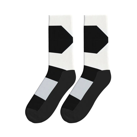 Fresh Black And White Piano Grid Print Crew Socks For Men And Women Straight Up Comfy Polyester Athletic Hosiery showing a black and white design.