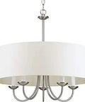 Five Light Farmhouse Drum Chandelier With White Textured Linen Shade In Brushed Nickel Finish For Dining Rooms And Entryways