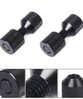 Two heavy duty stainless steel threaded rods, black finish, with flange and two-hole design for precise positioning in machinery and fixtures.