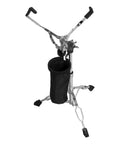 Pro Level Adjustable Snare Drum Stand With Heavy Duty Double Braced Tripod Base For 10 To 14 Inch Pads, featuring a chrome finish and sturdy base for stability.