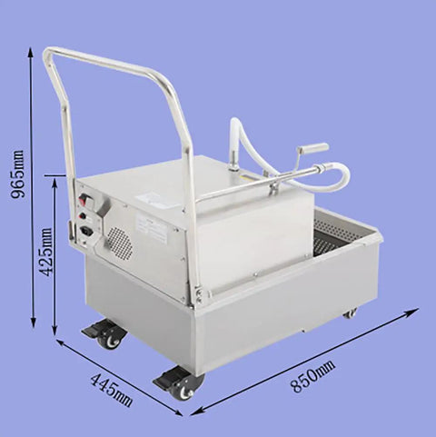 Commercial Workhorse Stainless Steel Deep Fryer Oil Filter Machine 55 Gallon Mobile Filtration Cart High Flow Pump, side view with dimensions.