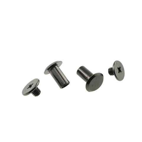 50 Pack 5x10mm Carbon Steel Chicago Screws Phillips Drive Cross Head Bindery Rivets Black Plated Coating on a white background.