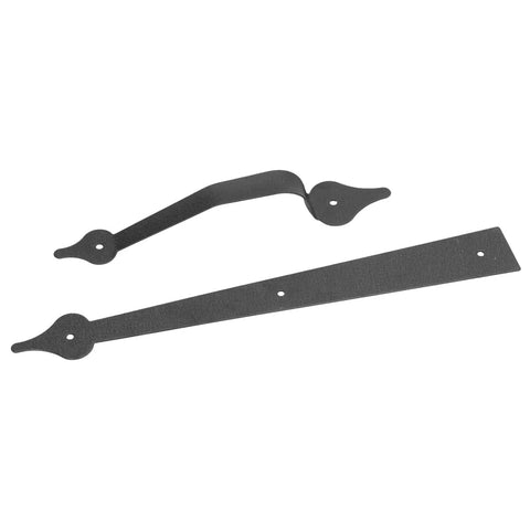 Matte Black Garage Door Hinges And Handles Kit shown with carbon steel hinge and handle on white background.