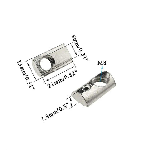 24 Pack M8 T Slot Nuts For 3030 Aluminum Extrusion Profiles Spring Loaded Ball Elastic Nuts shown with detailed dimensions.