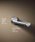 Avid Wall Mount Spout Nondiverter With One Half Inch NPT Or Slip Fit Connection Seven And Three Sixteenths Inch Reach Max One And One Eighth Inch Hole Diameter Dope Modern Look For Bathroom And Kitchen Faucets, silver finish, side view with measurements