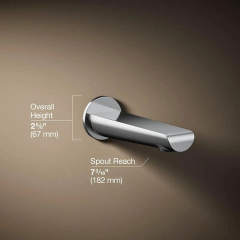 Avid Wall Mount Spout Nondiverter With One Half Inch NPT Or Slip Fit Connection Seven And Three Sixteenths Inch Reach Max One And One Eighth Inch Hole Diameter Dope Modern Look For Bathroom And Kitchen Faucets, silver finish, side view with measurements