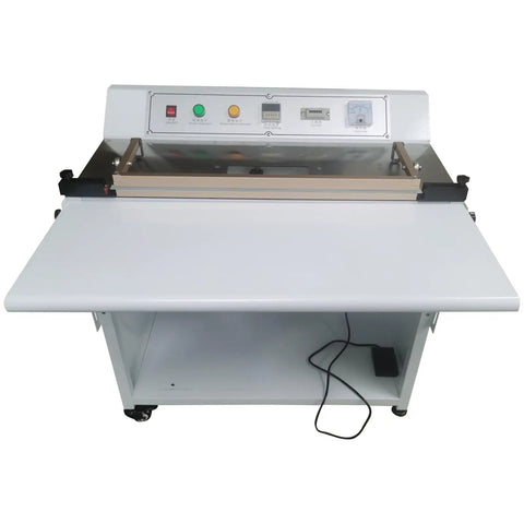 Jaryannix 220V Pneumatic Heat Shrink Bag Sealer With Foot Pedal And Precision Digital Timer Control For Flexible Packaging Length Adjustments with stainless steel tabletop.