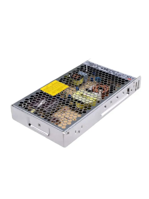 Industrial DC Power Supply With Single Output And Voltage Options From 3.3V To 48V Rugged No Nonsense Automation Grade Unit For Machinery And Electronics Compact And Efficient Built To Last Plug And Play Ready For Easy Setup In Industrial Projects. metal cased power supply, angled top view