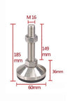 Adjustable Furniture Leveler Legs, 304 Stainless Steel With Plastic Foot Cups, Heavy Duty Cabinet Adjustments, Set Of 4, M16 Thread, Built Tough For Rock Solid Stability On Workbenches, Chairs, And Machinery Indoors, showing dimensions.