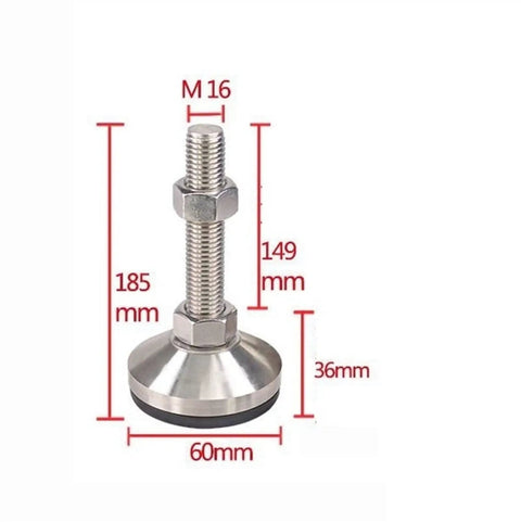 Adjustable Furniture Leveler Legs, 304 Stainless Steel With Plastic Foot Cups, Heavy Duty Cabinet Adjustments, Set Of 4, M16 Thread, Built Tough For Rock Solid Stability On Workbenches, Chairs, And Machinery Indoors, showing dimensions.