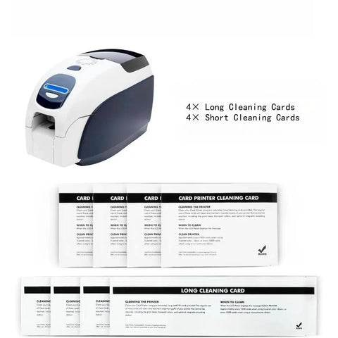 Run Your Rig Like New Again With This Top Shelf Eight Piece Card Printer Cleaning Kit Including Pre Saturated Long And Short Cards For Flawless Printhead And Roller Tuneups Compatible With Zebra Models, featuring card printer and cleaning cards.