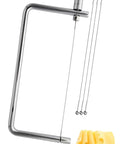 Six Inch Cheese Slicer Kit Crafted From Durable Stainless Steel And Polished Copper Comes With Four Extra Wires For Legit Smooth Cuts A Totally Slick Upgrade Any Serious Kitchen Deserves Now, showing cheese cutter and spare wires.