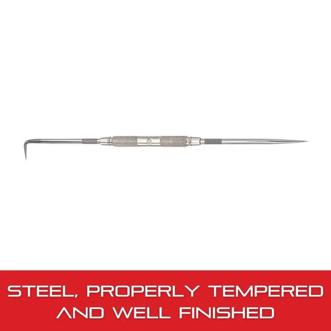 Pro Grade Scriber Set With Nickel Plated Knurled Grip And Finely Tapered Points, 9 Inch Length, showing bent and straight tips
