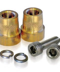 Two tall brass post adapters with M6 threads (gold), plus two hex socket screws and retaining rings