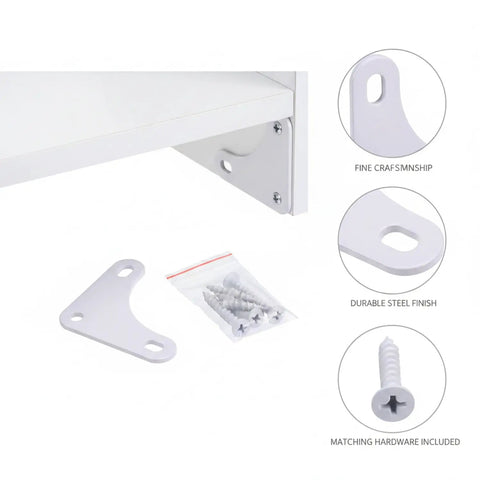 White Steel Shelf Brackets Set Includes Right Angle Corner Supports For Shelving, Heavy Duty L Brackets With All Hardware shown