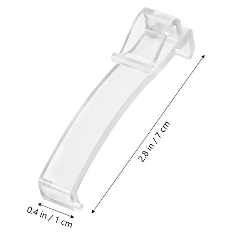 Thirty Piece Set Of Transparent Valance Clips For Window Blinds 2.5 Inch Hidden Track Holders in clear plastic with dimensions.