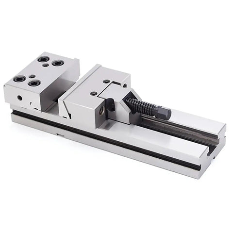 Heavy Duty Rock Solid Precision Bench Vise Built For Cnc Machining Centers And Milling Machines Featuring Dual Adjustment Screws And Heat Treated Steel, showcasing jaw and adjustment mechanisms.
