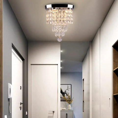 Led Crystal Chandelier Ceiling Light Flush Mount 9.8 By 12.4 Inches Chrome Fixture With 4 Light Sources in hallway