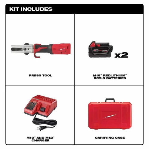 Built Tough Cordless Long Throw Plumbing Press Tool Kit Comes Loaded With Spare Battery Quick Charger Hard Case Slim Inline Frame Made For Fast Trade Work Every Time includes press tool, batteries, charger, carrying case.