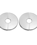 Solid Stainless Steel Split Flange Pipe Collar With Hassle Free Peel Stick Grip Heavy Duty Clip On Escutcheon Trim Ring For Walls Floors Ceilings Bathroom Kitchen Toilet Pipe Covers Two Pack - Two brushed silver covers with 17mm holes.