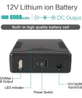 Front view of Beefy Dual Output 12V And 5V Portable Li-Ion Battery Pack With 66.6Wh, 6000mAh 12V And 12000mAh USB ports and switches.