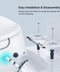 Electric Bidet Seat With Auto Open And Close Lid For Elongated Toilets showing easy installation button and seat detail.