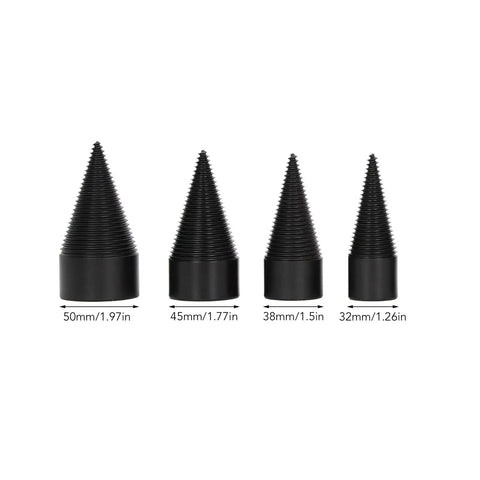 Tough As Nails 11 Piece Firewood Splitting Drill Bit Set With Heavy Carbon Steel Cone Bits In 32mm 38mm 45mm And 50mm For Power Drills Rip Through Logs Fast, showcasing 4 carbon steel cone bits.