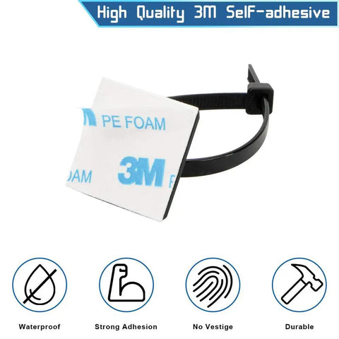 Three Quarters Inch Black Cable Zip Tie Mounts With Adhesive Backing showing 3M adhesive pad and durable design