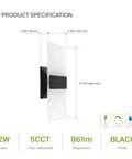Product specifications of Sleek Dope 15W Dimmable LED Wall Sconce Set with dimensions and features highlighted.