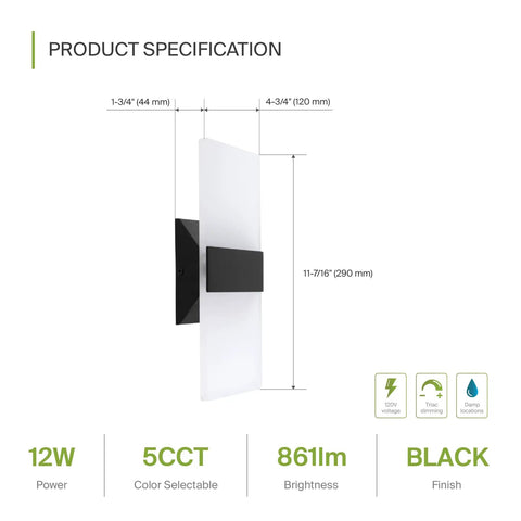Product specifications of Sleek Dope 15W Dimmable LED Wall Sconce Set with dimensions and features highlighted.